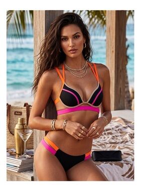 Victoria’s Secret VS Swim ❤︎ Hottie Banded Halter Bikini Top ❤︎ Black + Pink 34C